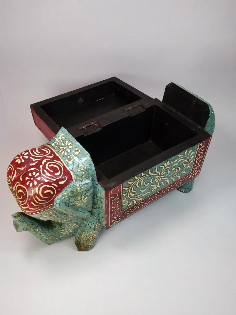 Hand Painted Wooden Elephant Jewelry Trinket Storage Box